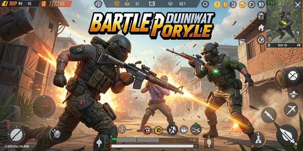 Screenshot permainan 77RP menampilkan aksi Battle Royale yang mendebarkan.
