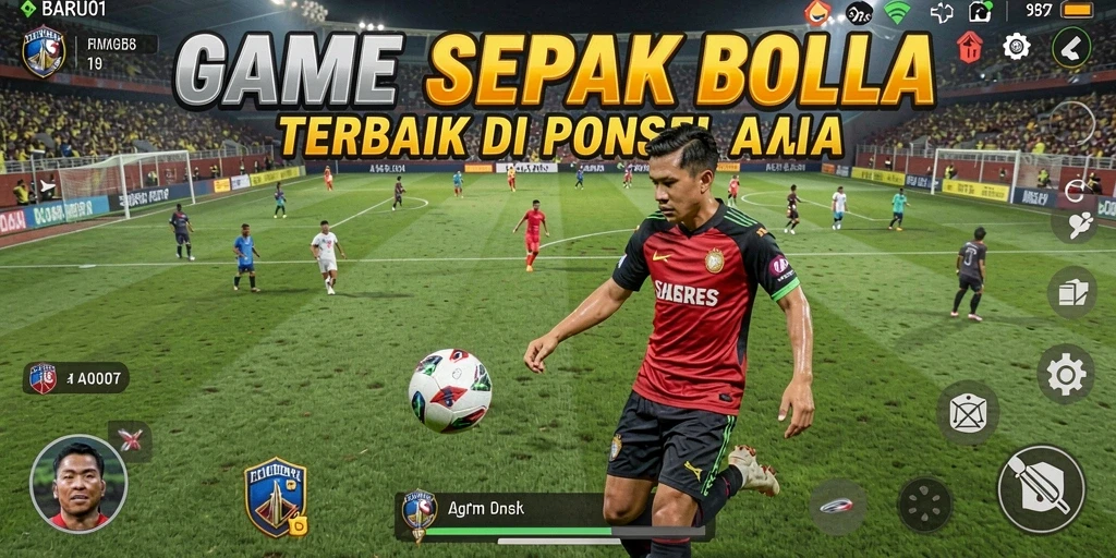 Tangkapan layar utama dari gameplay BARU01 yang menunjukkan pertandingan sepak bola seru.