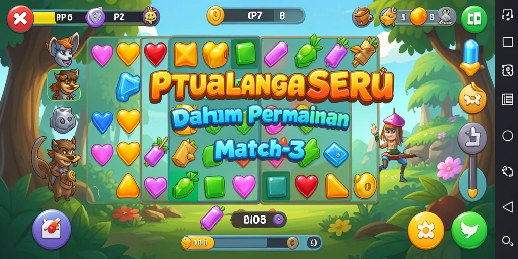 Screenshot PP7 menunjukkan gameplay seru di level Match-3.