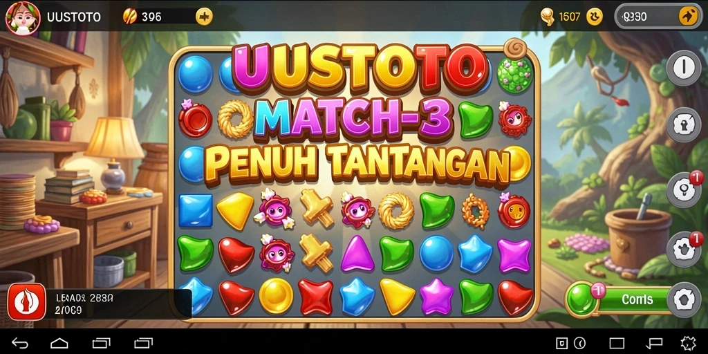 Screenshot UUSTOTO menampilkan gameplay Match-3 yang seru dan berwarna-warni.