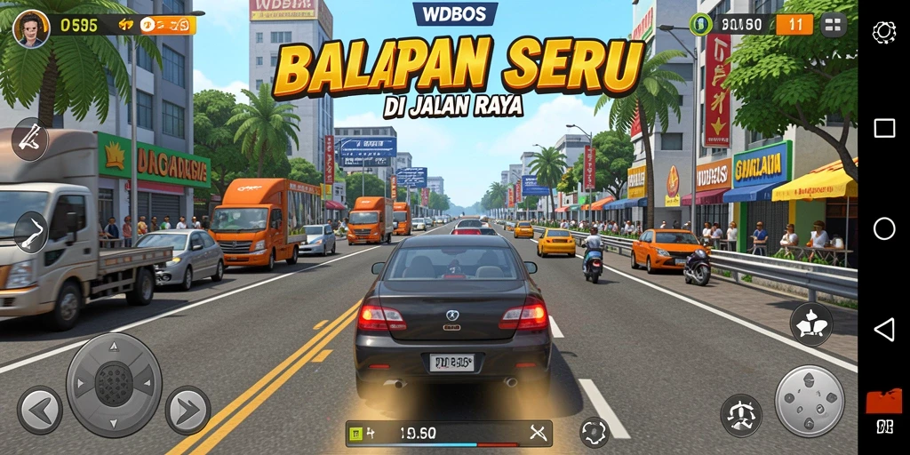 Screenshot gameplay WDBOS menunjukkan aksi balapan penuh adrenalin.